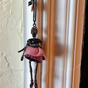 Betsey Johnson Pink and Black Skeleton Necklace/Pink crystals and tutu-VERY RARE